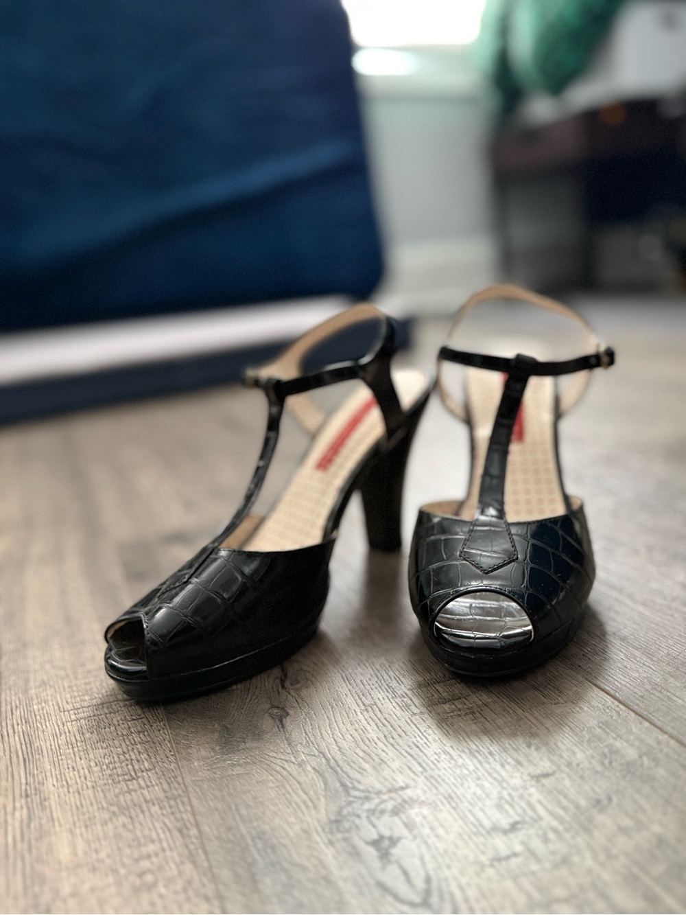 T-Strap Peep Toe Heels in Black Croc Embossed Leather